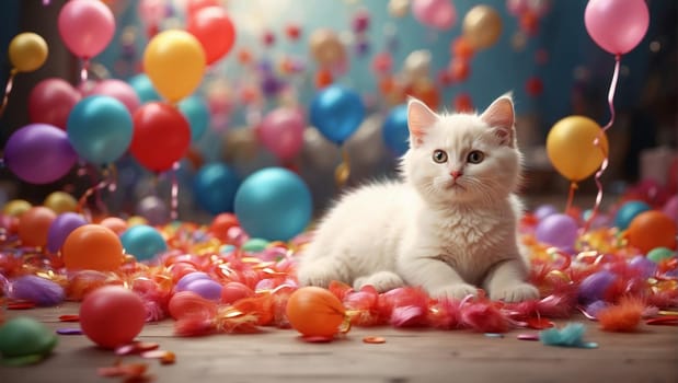 white kitten on dark blue festive background surrounded by colorful balloons