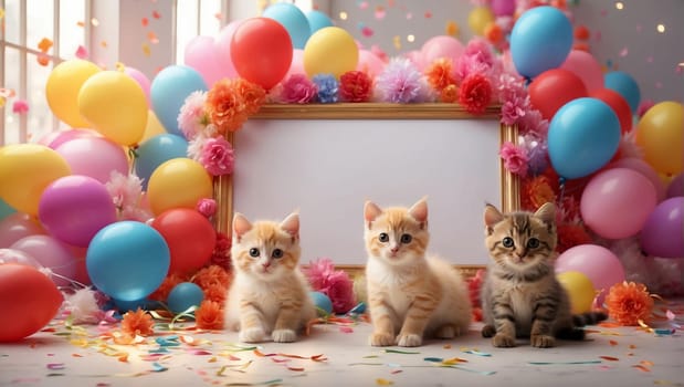 Kittens with a blank sign in a white frame surrounded by colorful balloons and garlands.