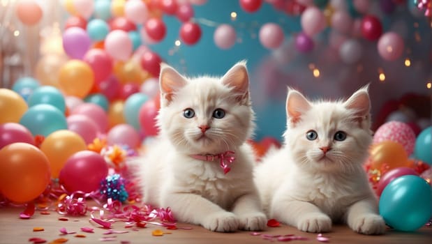 Kittens on dark blue festive background surrounded by colorful balloons