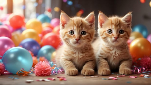 Kittens on a festive background surrounded by colorful balloons