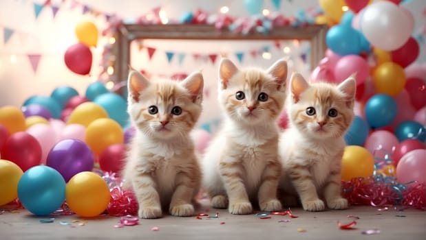 Kittens on a light festive background surrounded by colorful balloons and an empty frame in the background