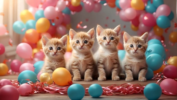 Kittens on a light festive background surrounded by colorful balloons