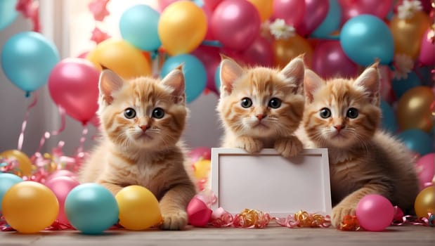 Kittens with a blank sign in a white frame surrounded by colorful balloons and garlands.
