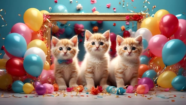 Kittens on a dark blue holiday background surrounded by colorful balloons and an empty frame in the background
