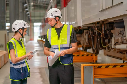 Two professional engineer or technician worker discuss about work and stand near the train in workplace area.