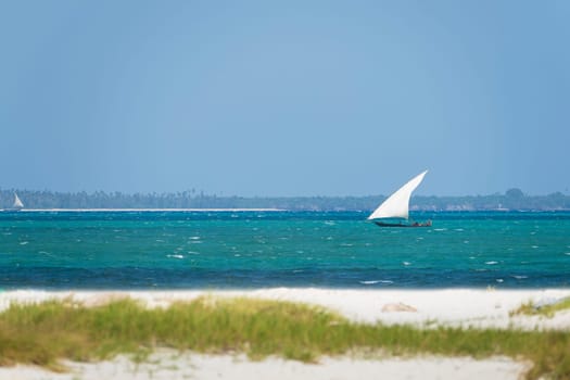 Dhow boat sails in the ocean in sunny day, summer concept, copy-space, Zanzibar in Tanzania.