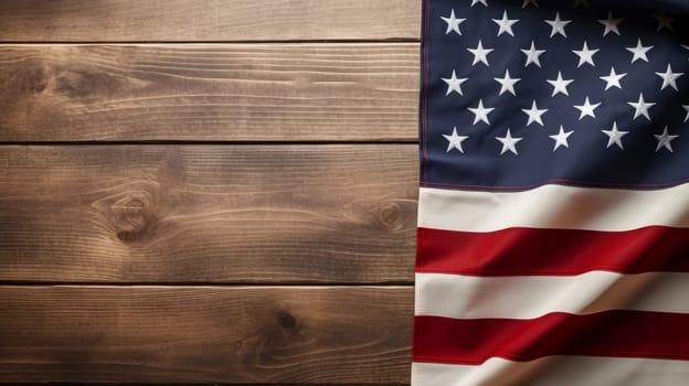 American flag of the United States on a wooden surface. American President's Day, USA Independence Day, American flag colors background, 4 July, February holiday, stars and stripes, red and blue