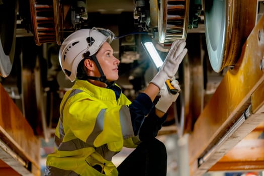 Professional technician or train factory worker hold light stick to check and fix the problem under electric train in maintenance center.