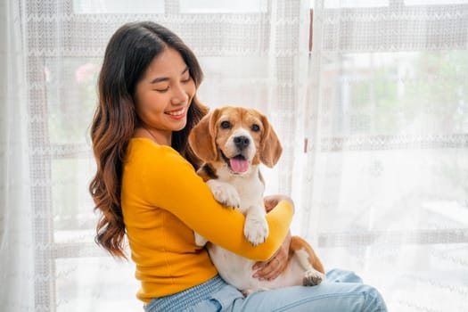 Close up young Asian girl hold and hug beagle dog and sit in front of glass door in her house and she look happy to play fun together.