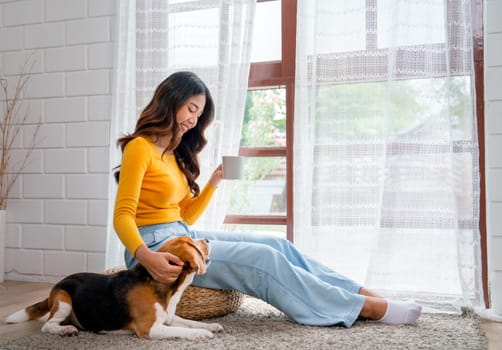 Young Asian girl sit on seat cushion also hold cup of tea and enjoy to play with beagle dog in front of glass door of the house with day light.