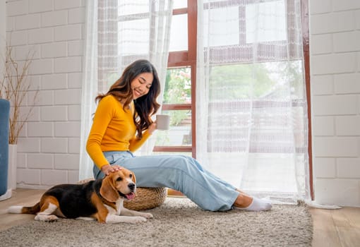 Young Asian girl sit on seat cushion also hold cup of tea and enjoy to play with beagle dog in front of glass door of the house with day light.