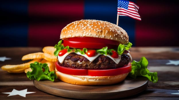 A big, tasty burger on a plate in a patriotic cafe, with an American flag in the background, not healthy food. American President's Day, USA Independence Day, American flag colors background, 4 July, February holiday, stars and stripes, red and blue