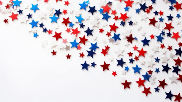 Star confetti in the colors of the United States of America flag on a white background. American President's Day, USA Independence Day, American flag colors background, 4 July, February holiday, stars and stripes, red and blue