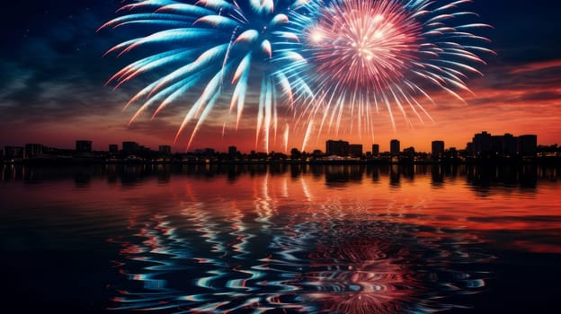 A huge, beautiful fireworks display over the big city and the river in honor of the holiday. American President's Day, USA Independence Day, American flag colors background, 4 July, February holiday, stars and stripes, red and blue