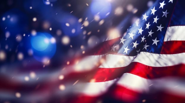 Festive salute, fireworks against the background of the flag of the United States of America. American President's Day, USA Independence Day, American flag colors background, 4 July, February holiday, stars and stripes, red and blue