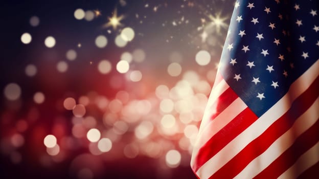 Festive salute, fireworks against the background of the flag of the United States of America. American President's Day, USA Independence Day, American flag colors background, 4 July, February holiday, stars and stripes, red and blue