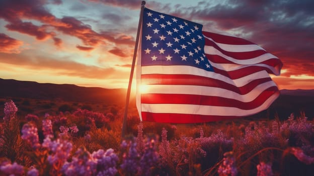 The flag of the United States America flutters in nature against the backdrop of the setting sun in pink rays. American President's Day, USA Independence Day, American flag colors background, 4 July, February holiday, stars and stripes, red and blue