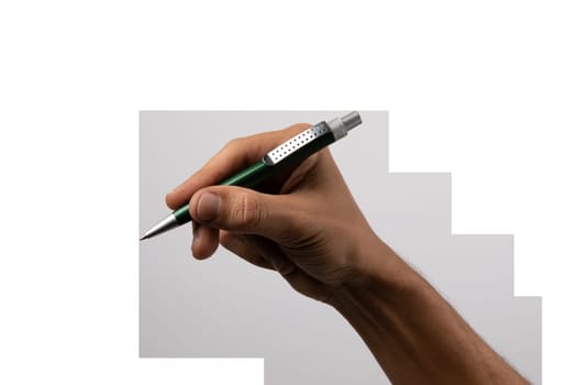 Black male hand holding a classic green pen. High quality photo