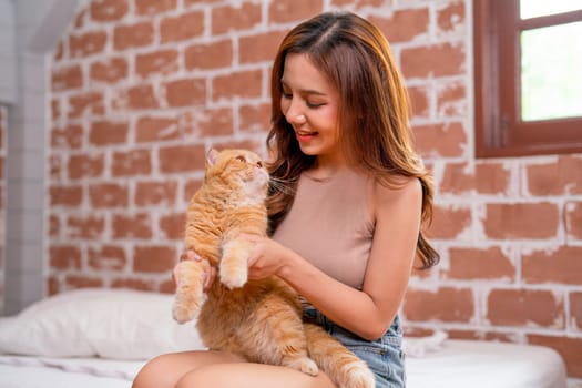 Beautiful Asian woman sit on bed and hold and hug orange cat on her lap and they look to each other also stay in room with day light.
