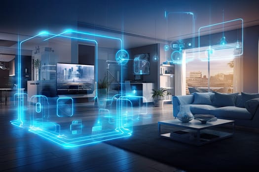 A concept art of a digital holographic artificial intelligence (ai) smart technology in a house and a flat. modern living room w virtual reality interface.by Generative AI.