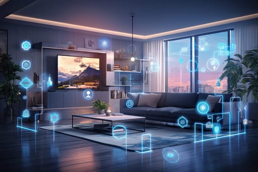 A concept art of a digital holographic artificial intelligence (ai) smart technology in a house and a flat. modern living room w virtual reality interface.by Generative AI.