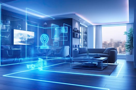 A concept art of a digital holographic artificial intelligence (ai) smart technology in a house and a flat. modern living room w virtual reality interface.by Generative AI.