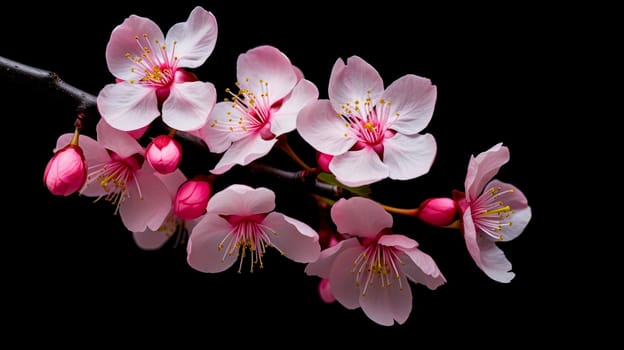 Abstract natural spring background light rosy dark flowers close up. Branch of pink white sakura cherry on a black background. Colorful artistic image with soft focus and beautiful bokeh in summer spring