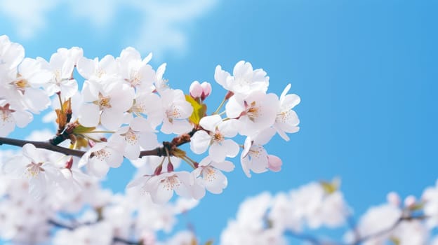 Abstract natural spring background light rosy dark flowers close up. Branch of pink white sakura cherry tree on a background of blue sky. Colorful artistic image with soft focus and beautiful bokeh in summer spring