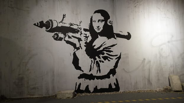 Stockholm, Sweden, December 29 2023. Art exhibition. The mystery of Banksy. A genius mind. Mona Lisa.