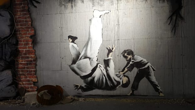 Stockholm, Sweden, December 29 2023. Art exhibition. The mystery of Banksy. A genius mind. Judo.