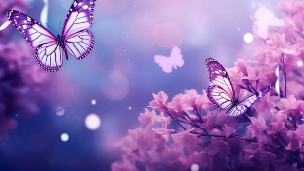 Abstract natural spring background with butterflies and light purple dark meadow flowers closeup. Colorful artistic image with soft focus and beautiful bokeh in summer spring