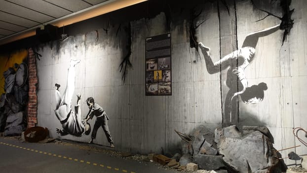 Stockholm, Sweden, December 29 2023. Art exhibition. The mystery of Banksy. A genius mind. artistic gymnastics.