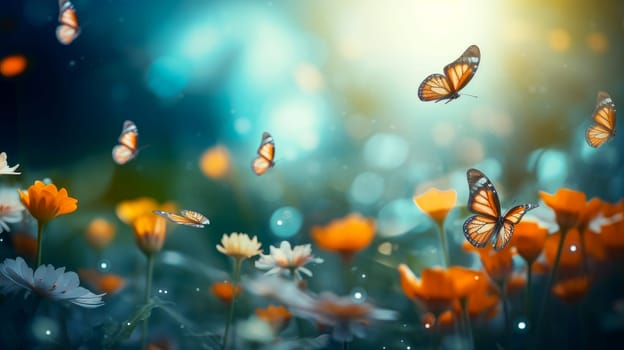 Abstract natural spring background with butterflies and light orange dark meadow flowers closeup. Colorful artistic image with soft focus and beautiful bokeh in summer spring