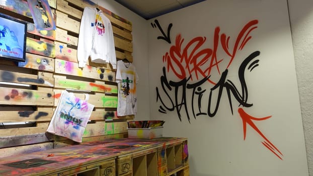 Stockholm, Sweden, December 29 2023. Art exhibition. The mystery of Banksy. A genius mind. Spray station.