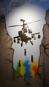 Stockholm, Sweden, December 29 2023. Art exhibition. The mystery of Banksy. A genius mind. Helicopter.