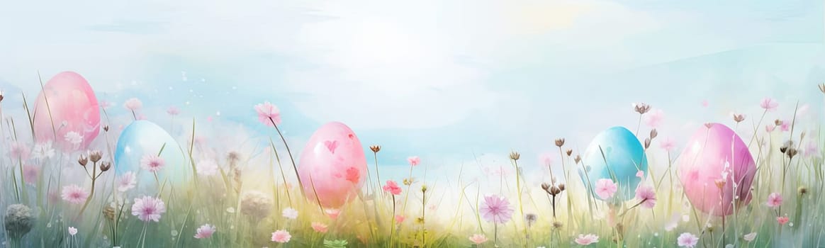 An image with a watercolor style of Easter eggs in a meadow among grass and blooming spring flowers.