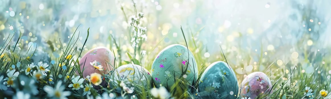 An image with a watercolor style of Easter eggs in a meadow among grass and blooming spring flowers. AI generated.