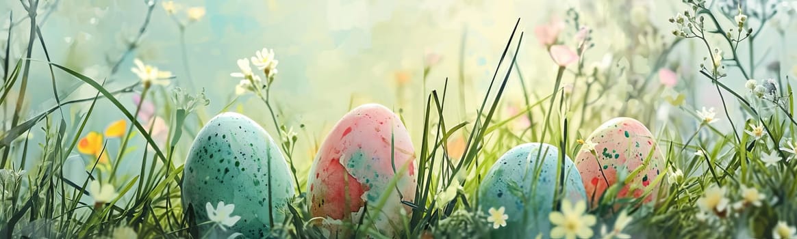 An image with a watercolor style of Easter eggs in a meadow among grass and blooming spring flowers. AI generated.