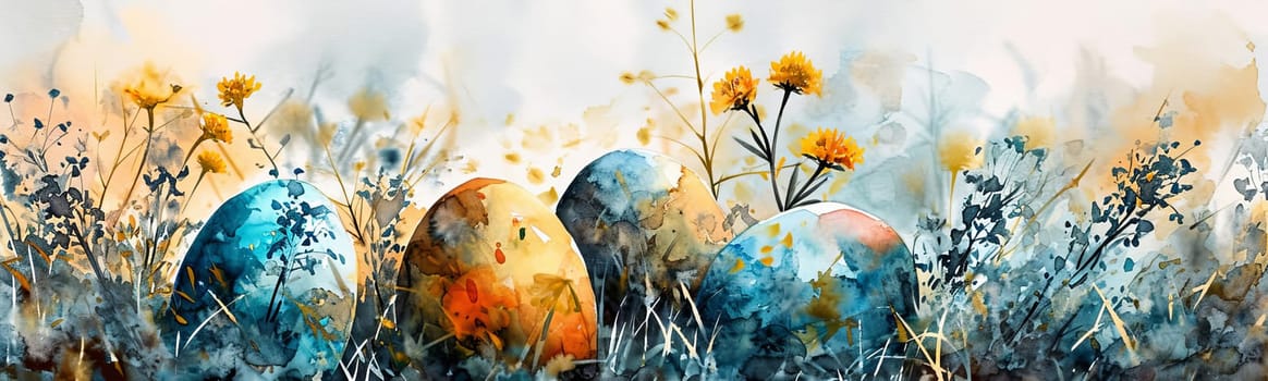 An image with a watercolor style of Easter eggs in a meadow among grass and blooming spring flowers.