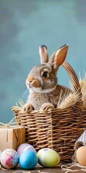 Cute Easter bunny in a wicker basket with dyed eggs on a wooden table. Easter vertical banner for smart phone with copy space
