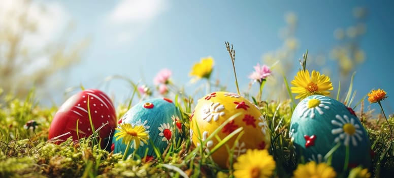 Happy Easter. Decorated Easter eggs on green grass on a sunny spring day. Easter banner with copy space