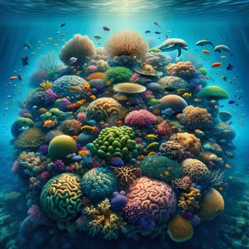 Immerse yourself in the mesmerizing beauty of a lively coral reef, where a kaleidoscope of colors unfolds beneath the sunlit waves. From intricate corals to playful fish, this image captures the essence of an underwater paradise