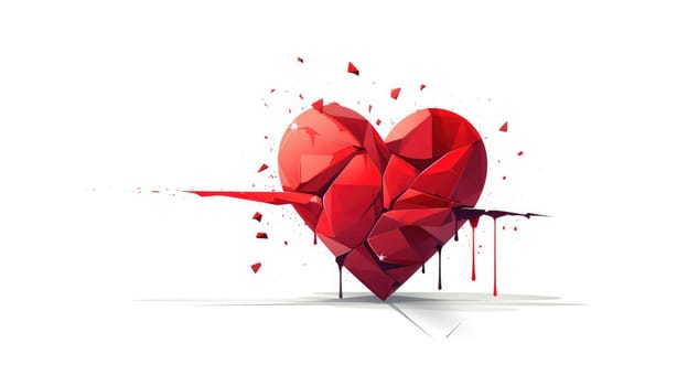 Broken heart in pieces. Breakup concept separation and divorce. Red crumpled heart.