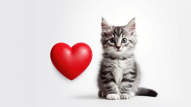 Valentines Day kitten. Small striped kitten playing with red heart on white looking at camera. Adorable domestic kitty pets concept.