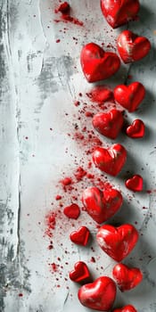 Red hearts on black background. Valentine's Day backdrop. Vertical banner, voucher or greeting card for smartphone
