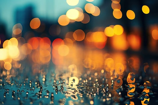 Reflection on wet asphalt, night city lights. Dark background with abstract bokeh, rays of light.