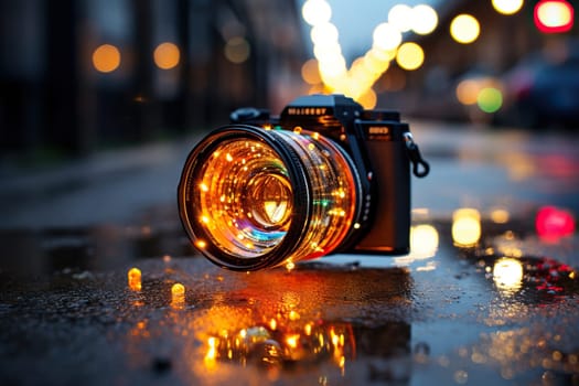 Camera with golden bokeh light on wet asphalt.