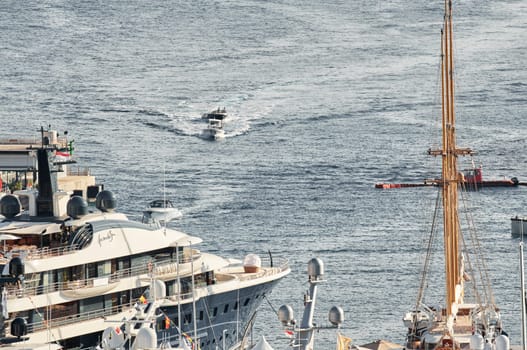 Monaco, Monte Carlo, 01 October 2022 - The famous motorboat exhibition at morning, mega yacht show, novelties of the boating industry. High quality photo