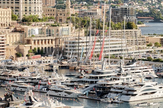 Monaco, Monte Carlo, 01 October 2022 - The famous motorboat exhibition at morning, mega yacht show, novelties of the boating industry. High quality photo