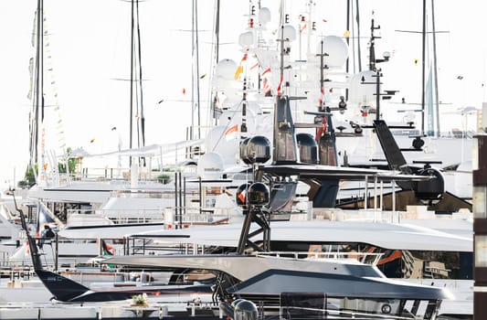 Monaco, Monte Carlo, 01 October 2022 - The famous motorboat exhibition at morning, mega yacht show, novelties of the boating industry. High quality photo